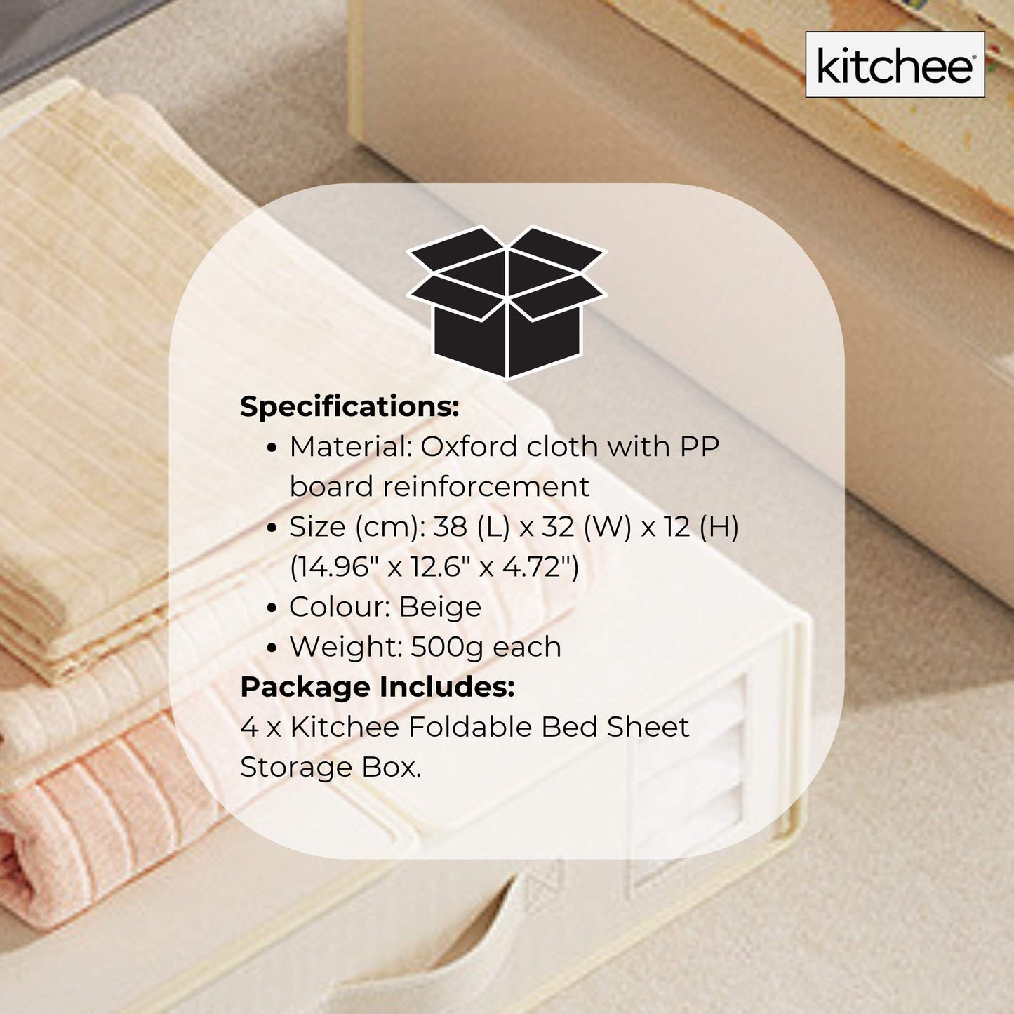 4x Kitchee Foldable Bed Sheet Storage Box – Linen & Closet Organiser Beige