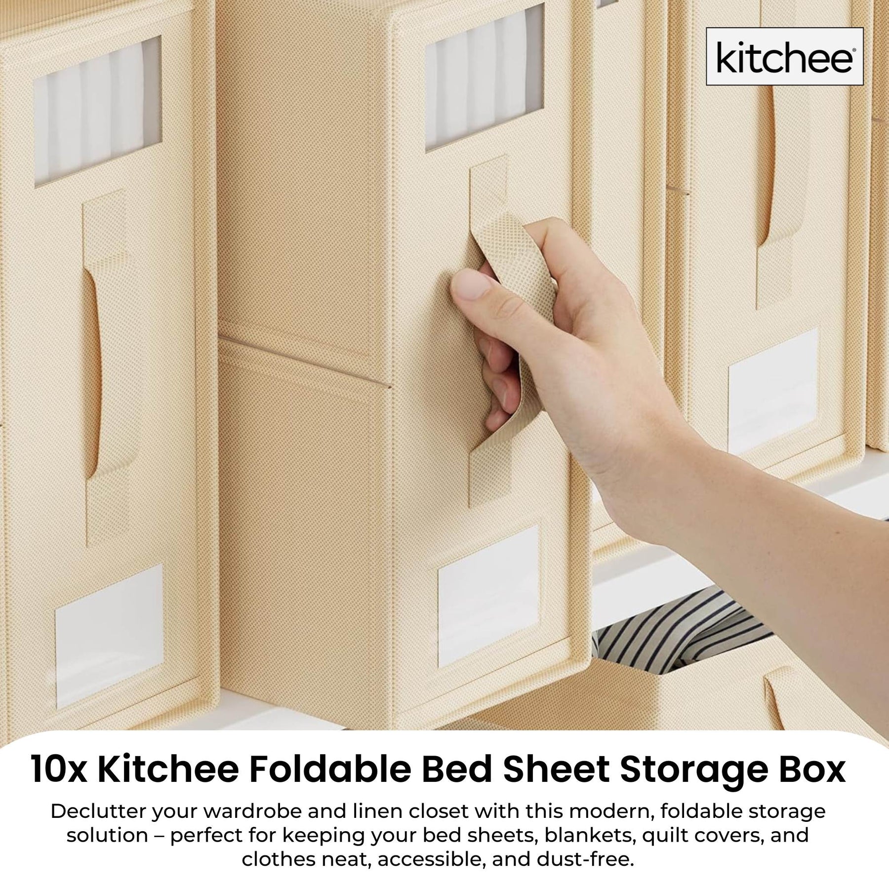 Kitchee Foldable Bed Sheet Storage Box 38x32x12cm Beige - Waterproof, Space-Saving, Zipper Closure, 10x Set - SuperSaverAU - view 2