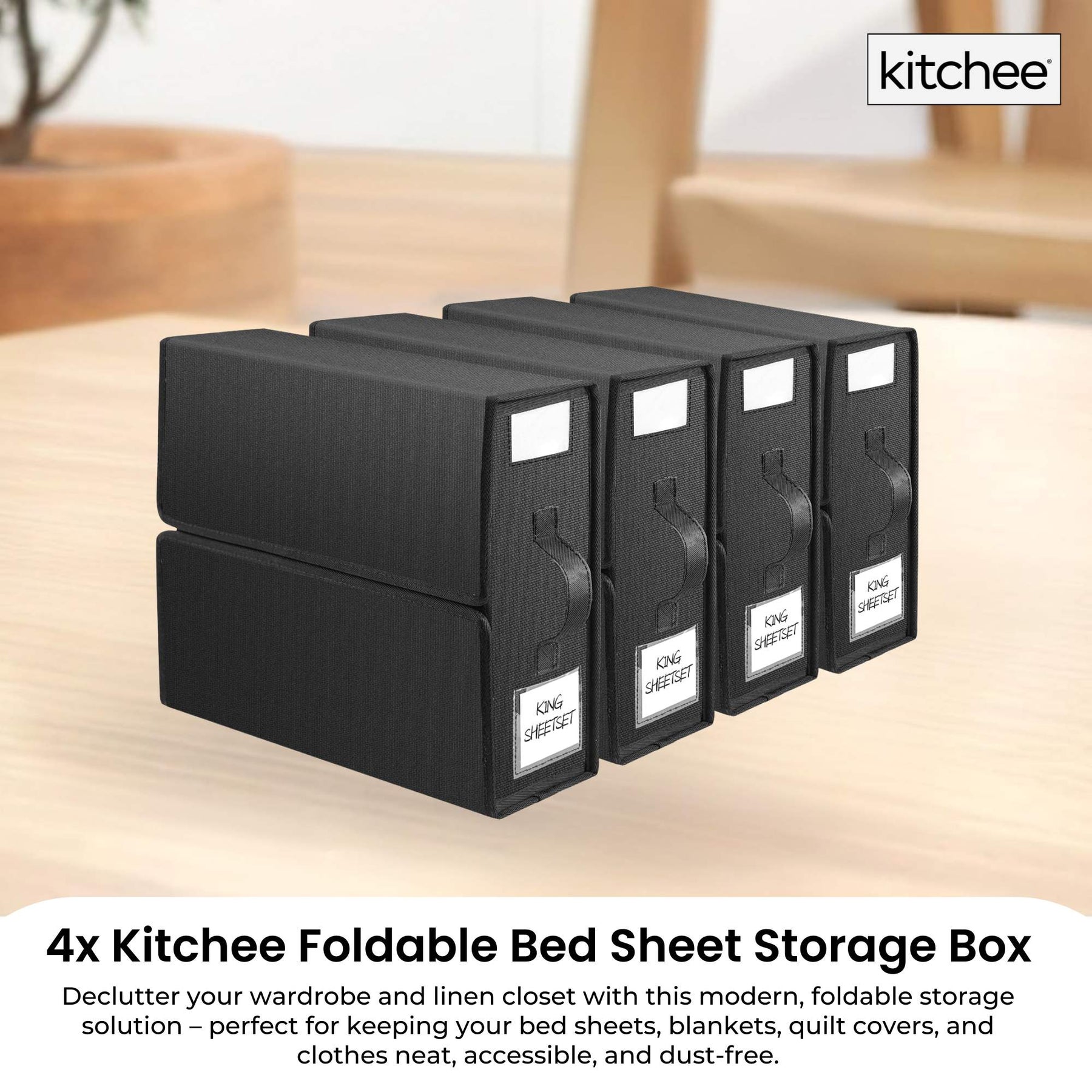 Kitchee Foldable Bed Sheet Storage Boxes – Black 4 Pack