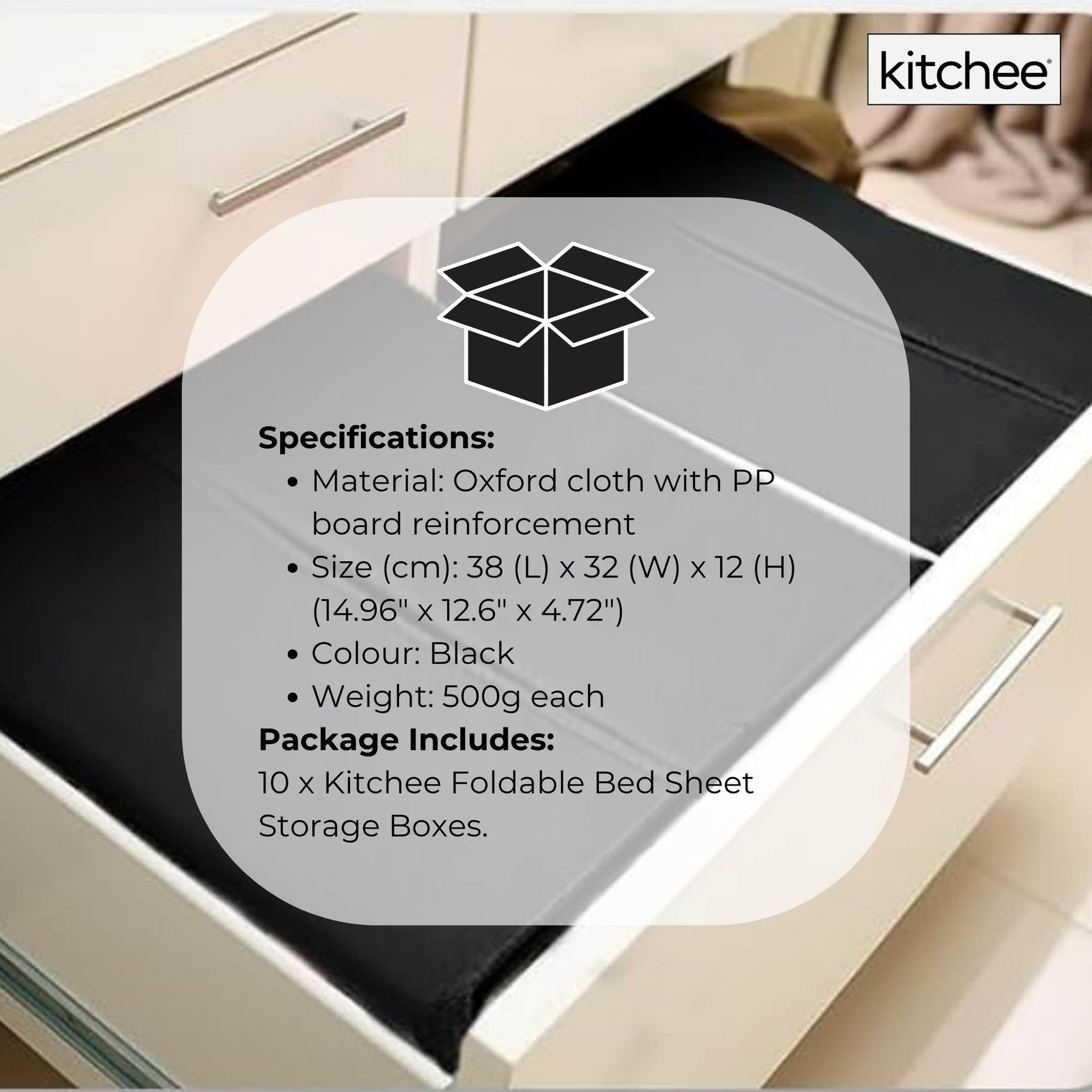 Kitchee 10x Foldable Bed Sheet Storage Box, Black, Waterproof, Space-Saving, 38x32x12 cm - SuperSaverAU - view 8