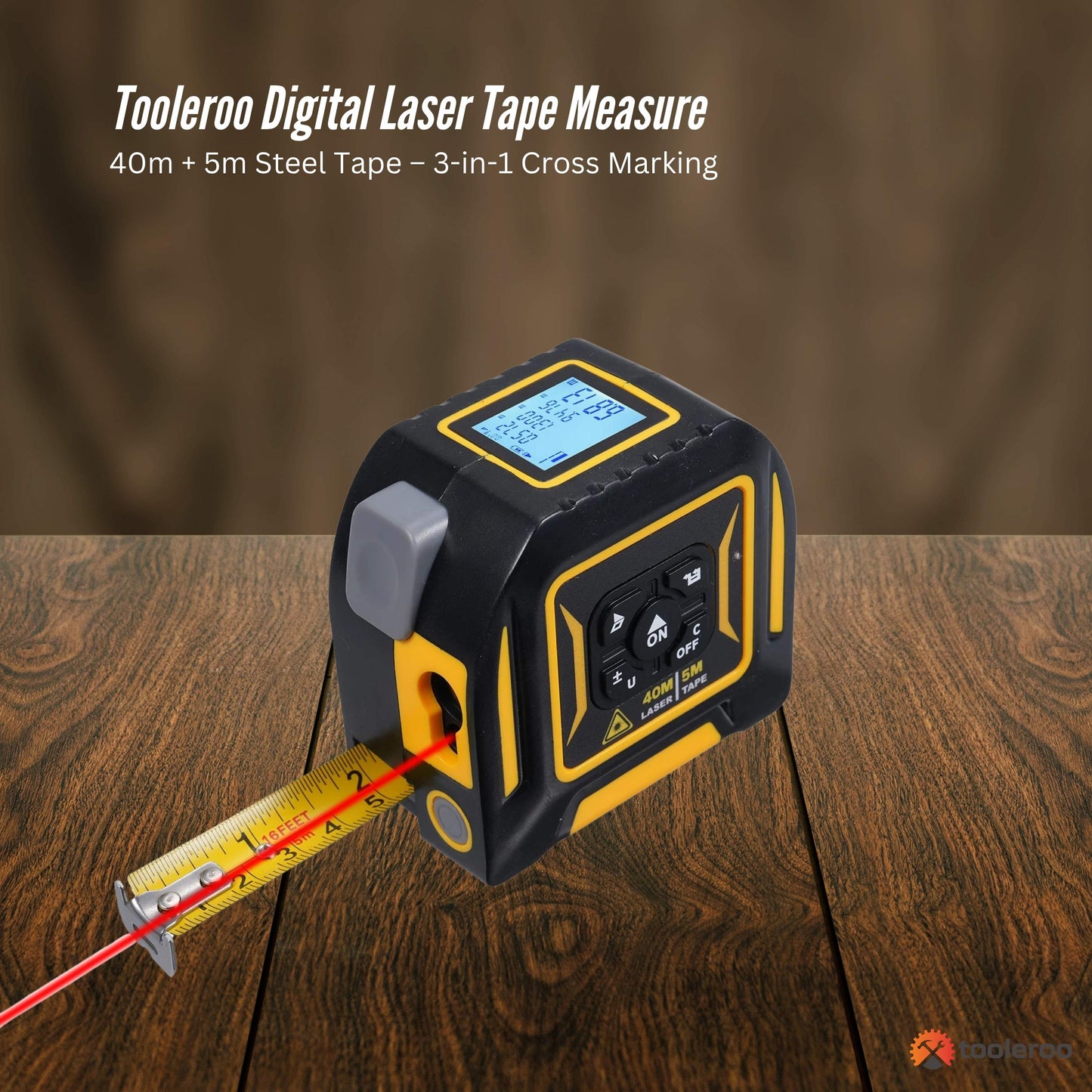 Tooleroo 40m Digital Laser Tape Measure + 5m Steel Tape – 3-in-1 Cross Marking