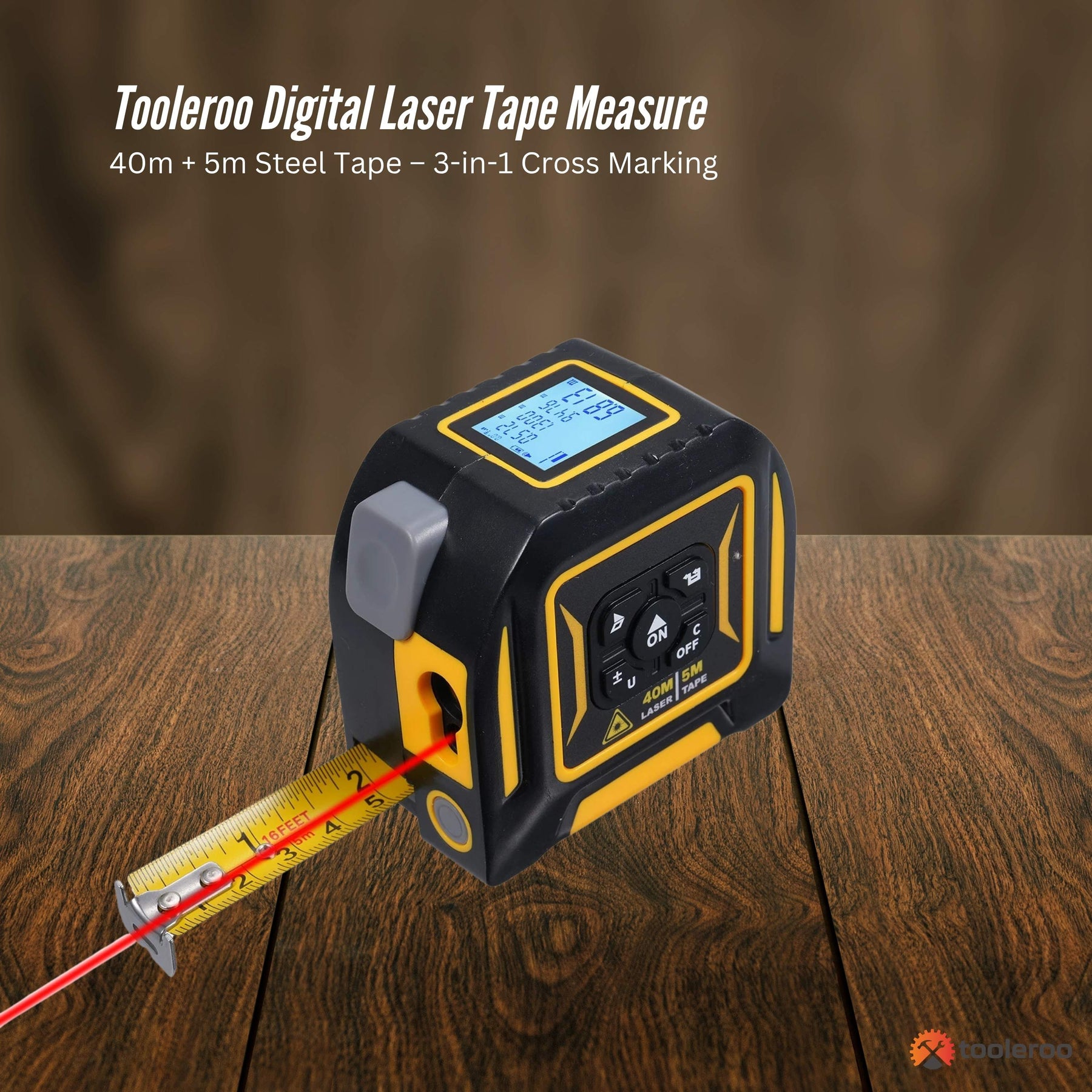 Tooleroo 3-in-1 Digital Laser Tape Measure - 40m Laser & 5m Tape