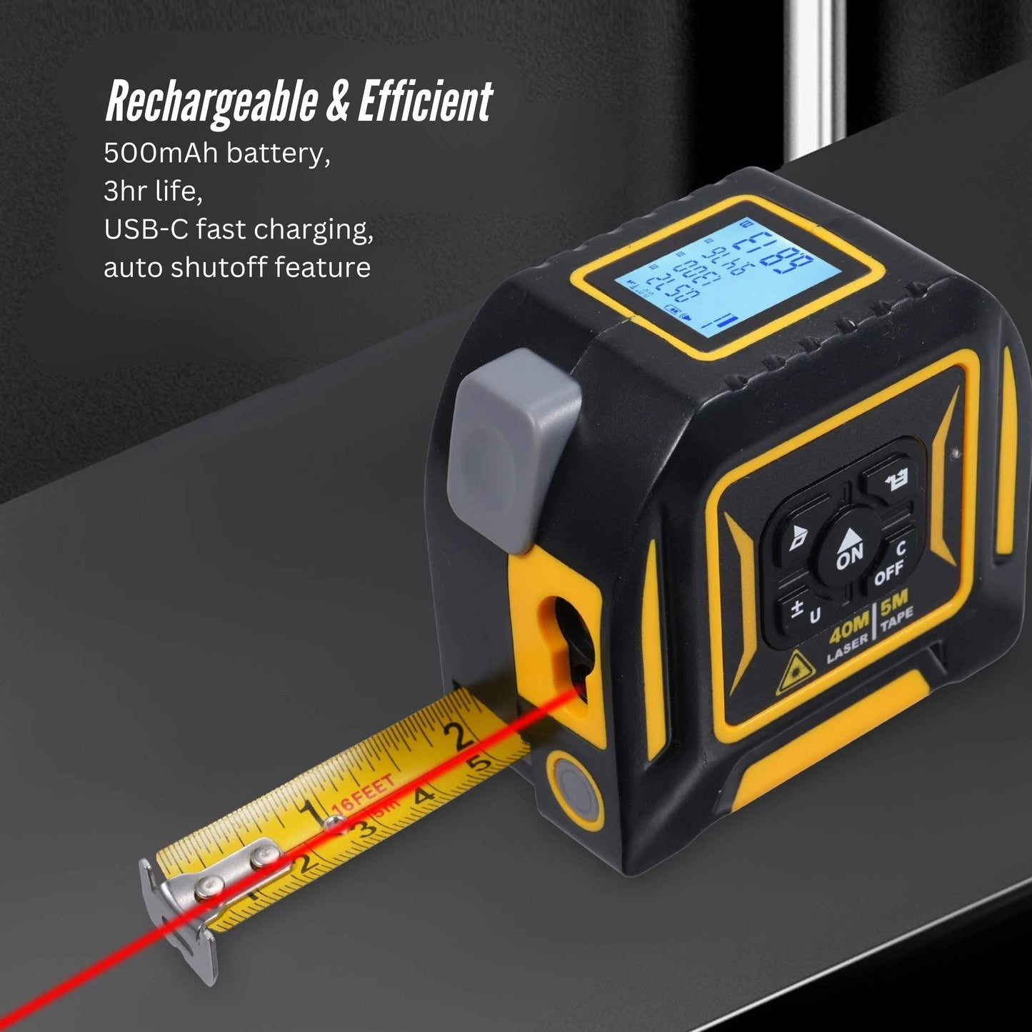 Tooleroo 40m Digital Laser Tape Measure + 5m Steel Tape – 3-in-1 Cross Marking