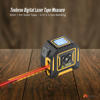 Tooleroo 60m Digital Laser Tape Measure + 5m Steel Tape – 3-in-1 Cross Marking