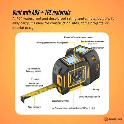 Tooleroo 60m Digital Laser Tape Measure + 5m Steel Tape – 3-in-1 Cross Marking