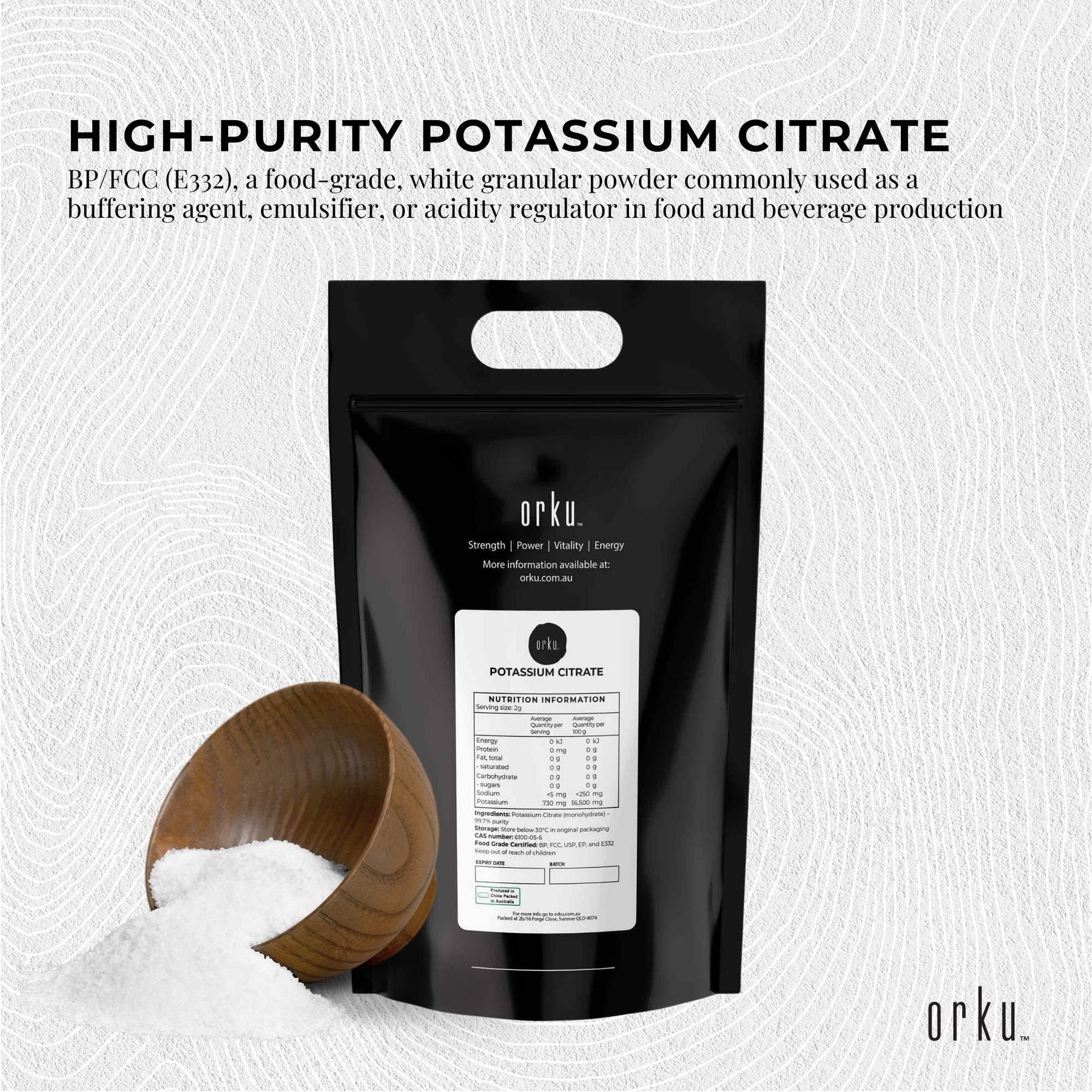 Orku Potassium Citrate 20kg Food Grade Granules BP FCC USP EP E332