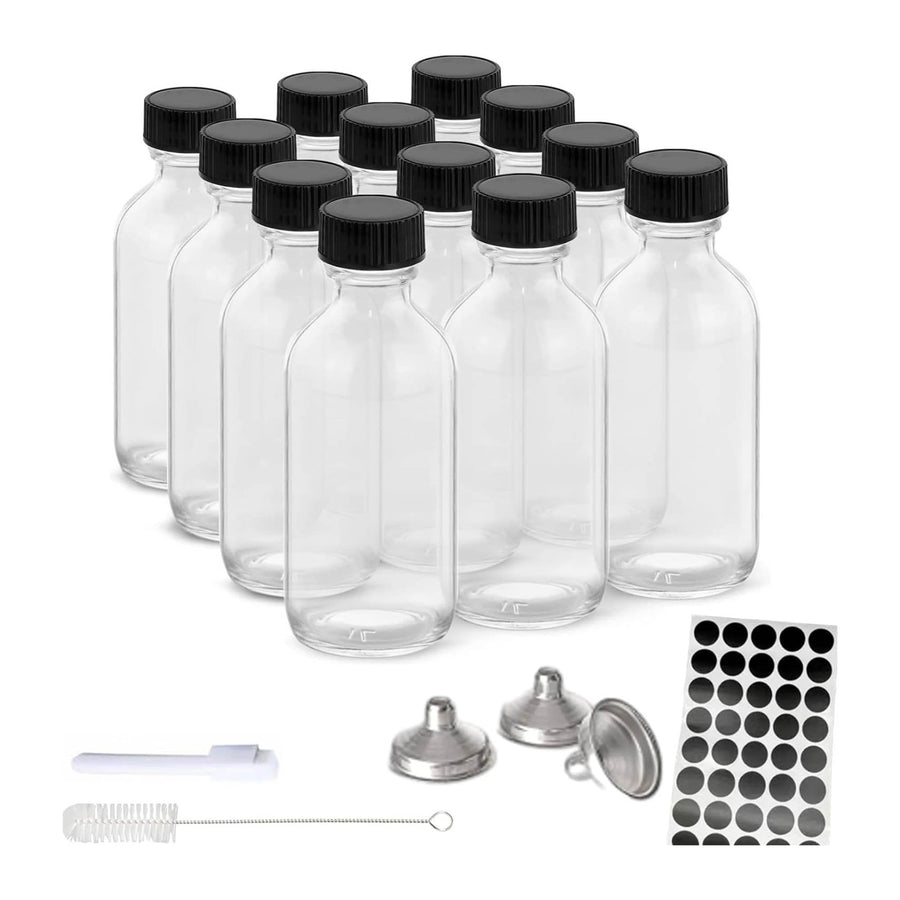 Kitchee 60ml Clear Glass Bottles – 12 Pack with Lids & Accessories