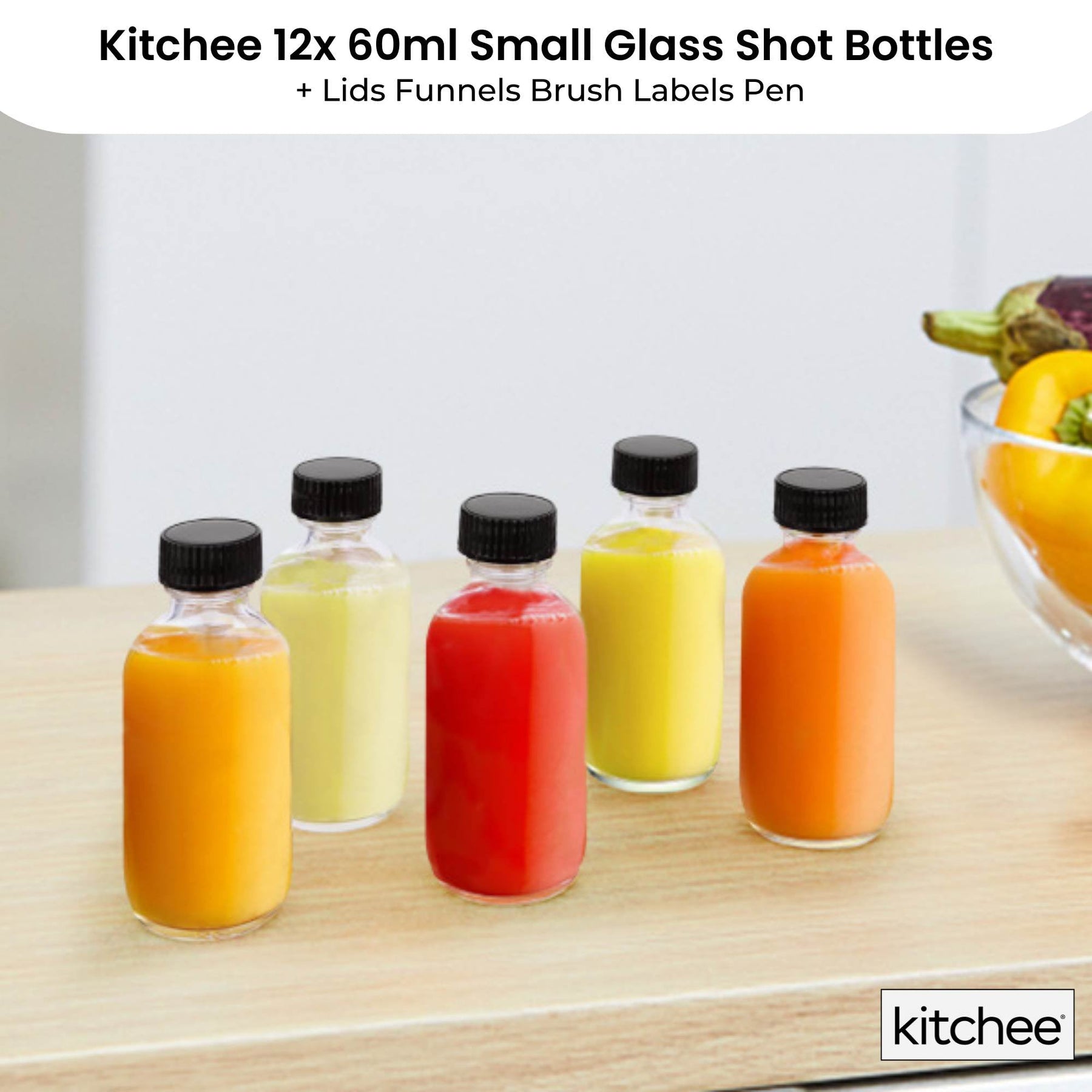 Kitchee 60ml Clear Glass Bottles – 12 Pack with Lids & Accessories