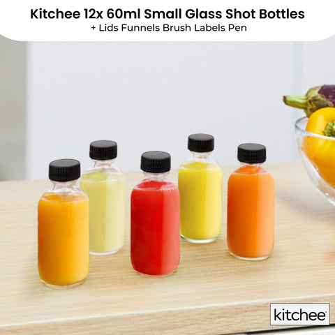 Kitchee 60ml Clear Glass Bottles – 12 Pack with Lids & Accessories