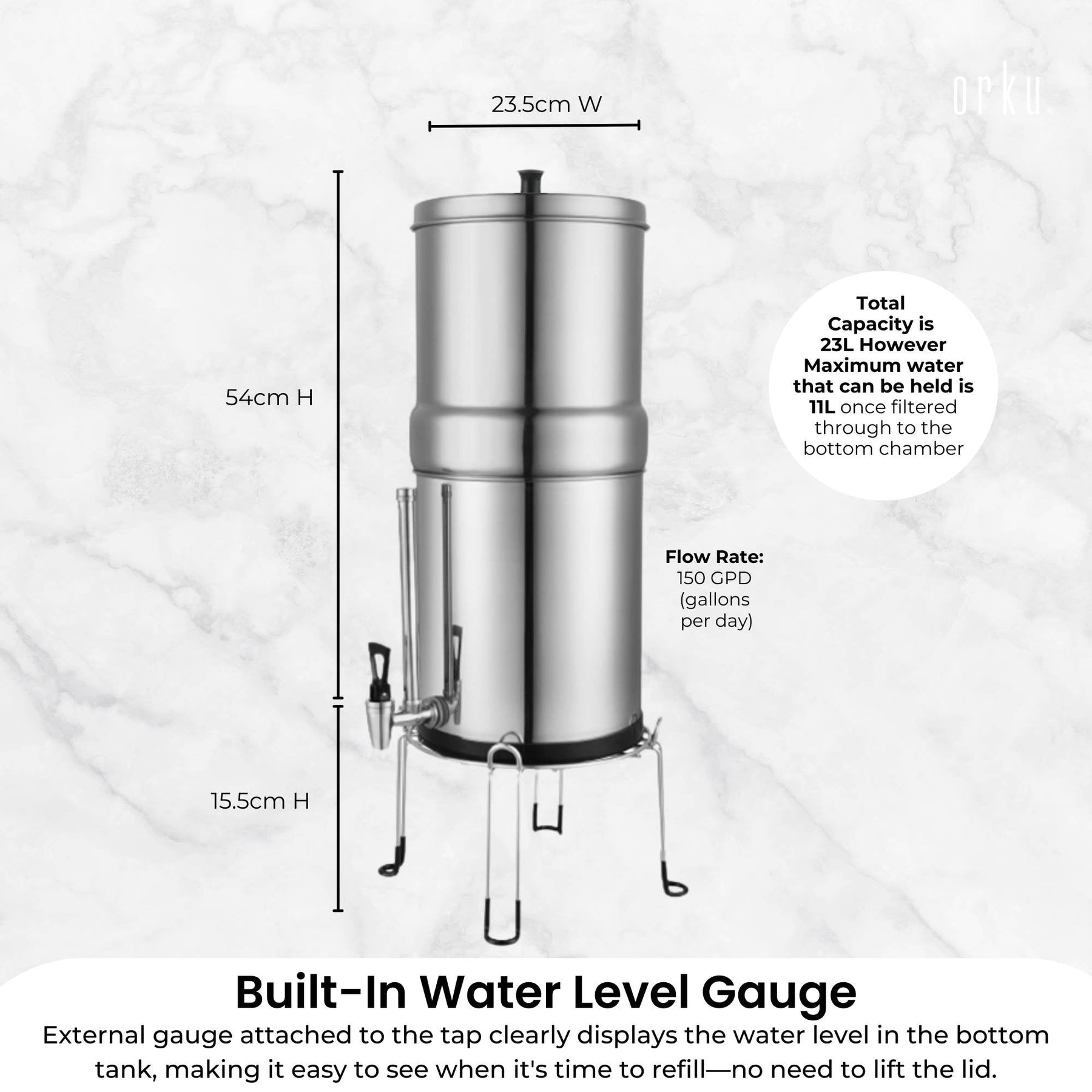 Orku 11L Gravity Benchtop Water Filter + Gauge-Stainless Steel Fluoride Removal - SuperSaverAU - view 4