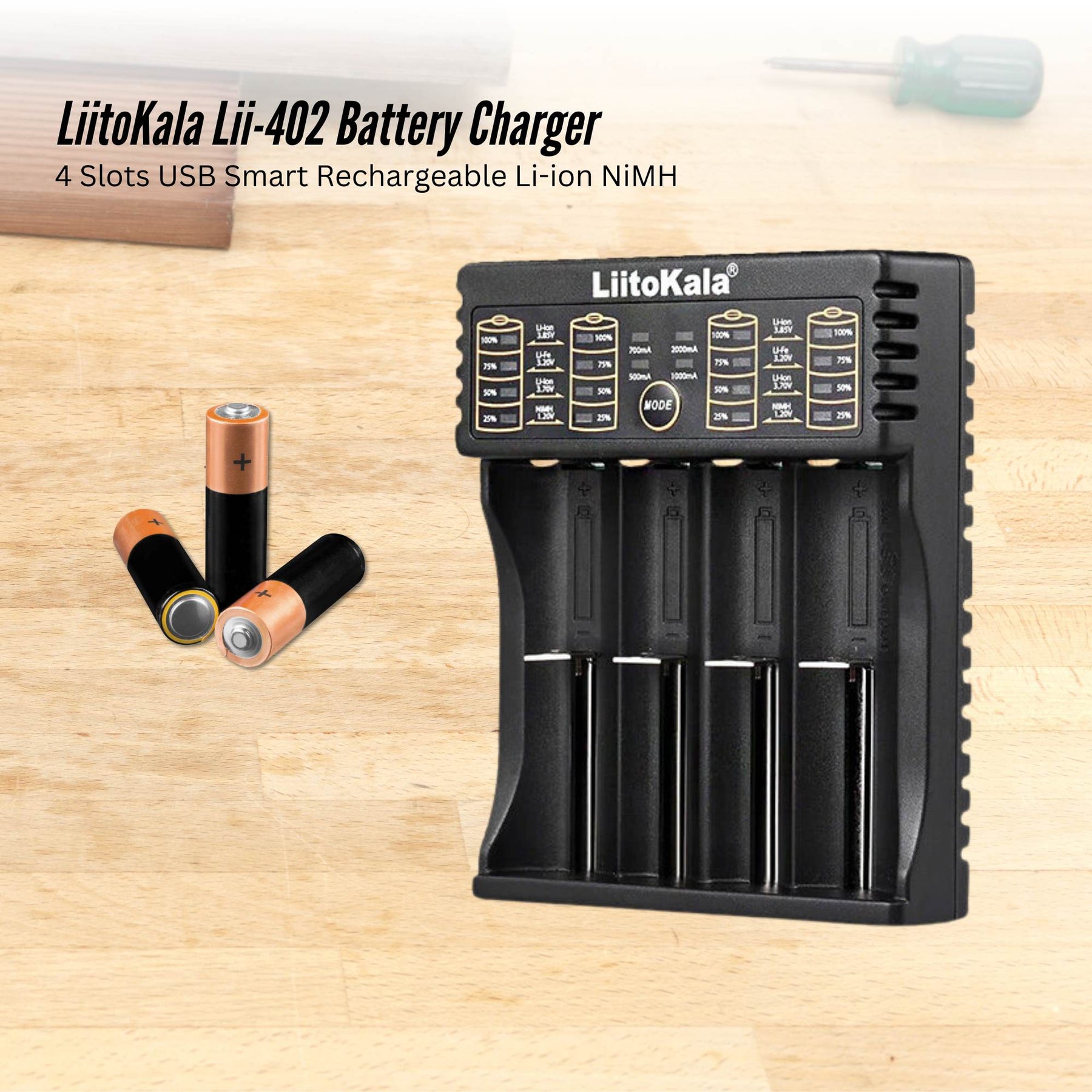 LiitoKala Lii-402 Smart Battery Charger - 4-Slot USB for 18650 AA AAA Li-ion NiMH - SuperSaverAU - view 2