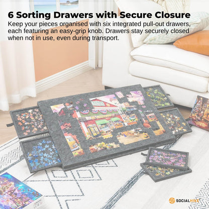 Premium Jigsaw Puzzle Board 1000pc with Stand, Cover & 6 Drawers - Folding Felt Grey