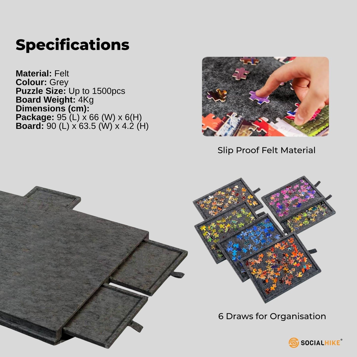 Premium Puzzle Board 1500pcs with Folding Stand & 6 Drawers - Grey