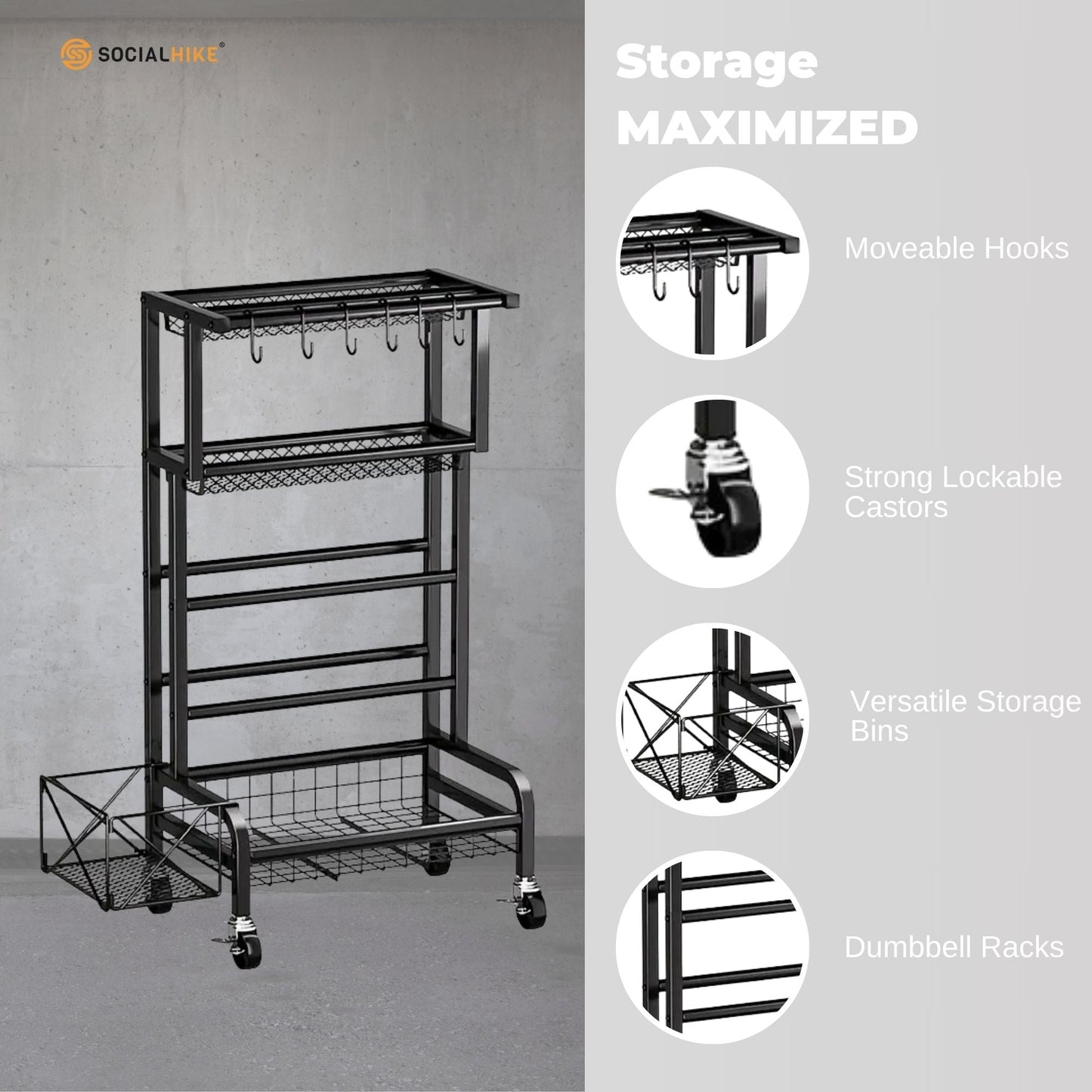 Social Hike Mobile Gym Storage Rack - Organiser for Weights & Accessories