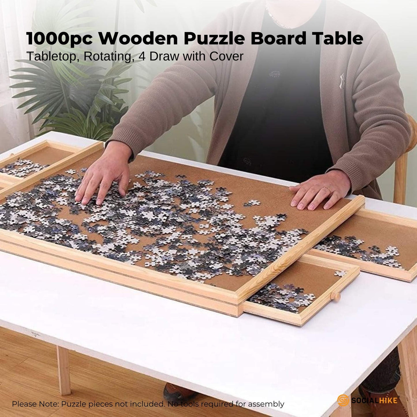 Social Hike 1000 Piece Wooden Jigsaw Puzzle Board with 4 Drawers, Rotating Tabletop - Natural
