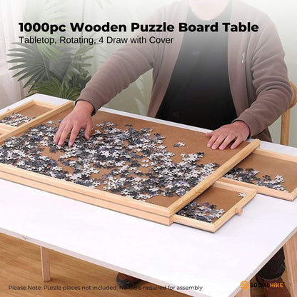 Social Hike 1000 Piece Wooden Jigsaw Puzzle Board with 4 Drawers, Rotating Tabletop - Natural