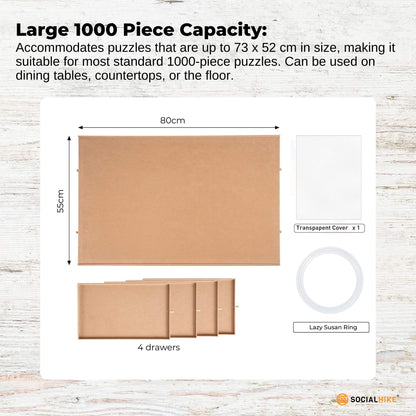 Social Hike 1000 Piece Wooden Jigsaw Puzzle Board with 4 Drawers, Rotating Tabletop - Natural