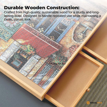 Social Hike 1000 Piece Wooden Jigsaw Puzzle Board with 4 Drawers, Rotating Tabletop - Natural