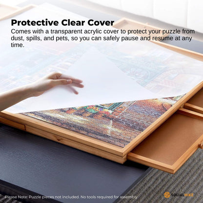 Social Hike 1000 Piece Wooden Jigsaw Puzzle Board with 4 Drawers, Rotating Tabletop - Natural