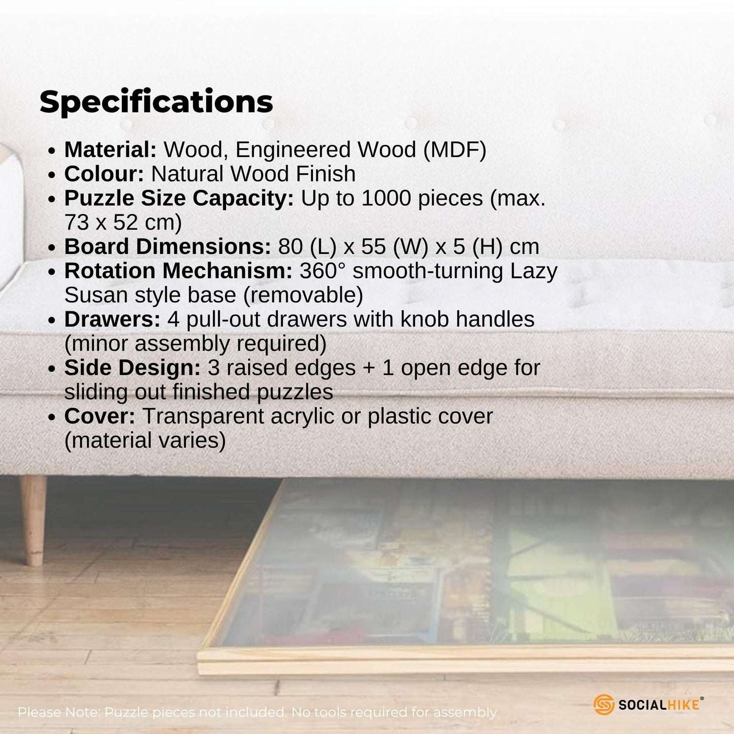 Social Hike 1000 Piece Wooden Jigsaw Puzzle Board with 4 Drawers, Rotating Tabletop - Natural