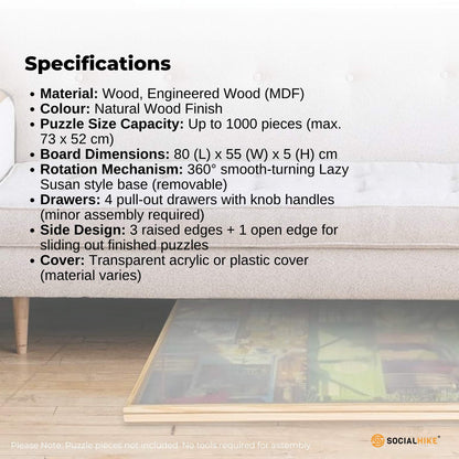 Social Hike 1000 Piece Wooden Jigsaw Puzzle Board with 4 Drawers, Rotating Tabletop - Natural