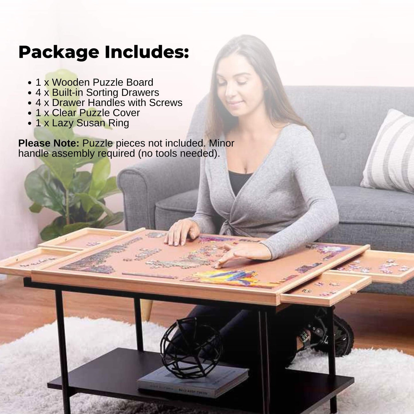 Social Hike 1000 Piece Wooden Jigsaw Puzzle Board with 4 Drawers, Rotating Tabletop - Natural