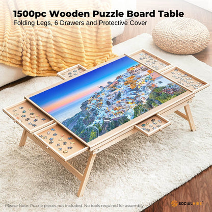 Social Hike Puzzle Board Table 1500 Piece with 6 Drawers, Cover & Folding Wooden Legs