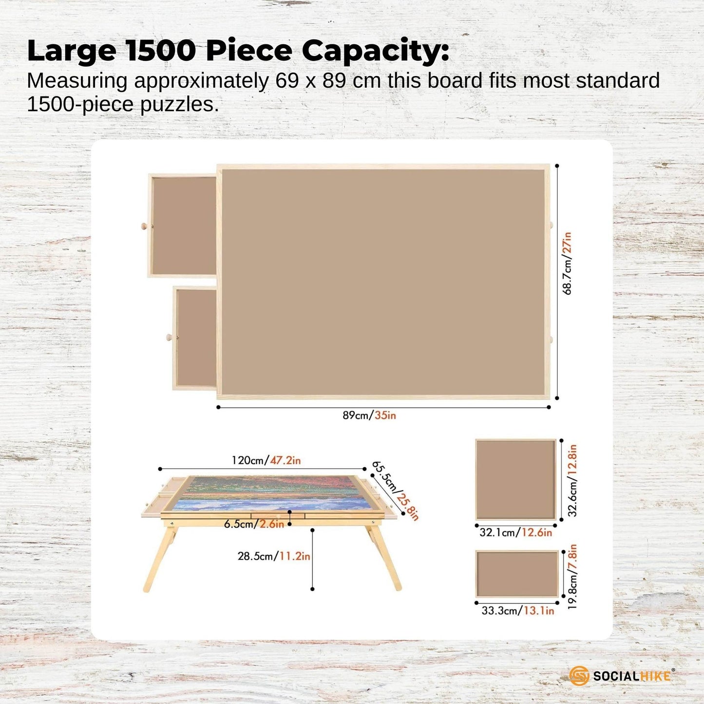 Social Hike Puzzle Board Table 1500 Piece with 6 Drawers, Cover & Folding Wooden Legs