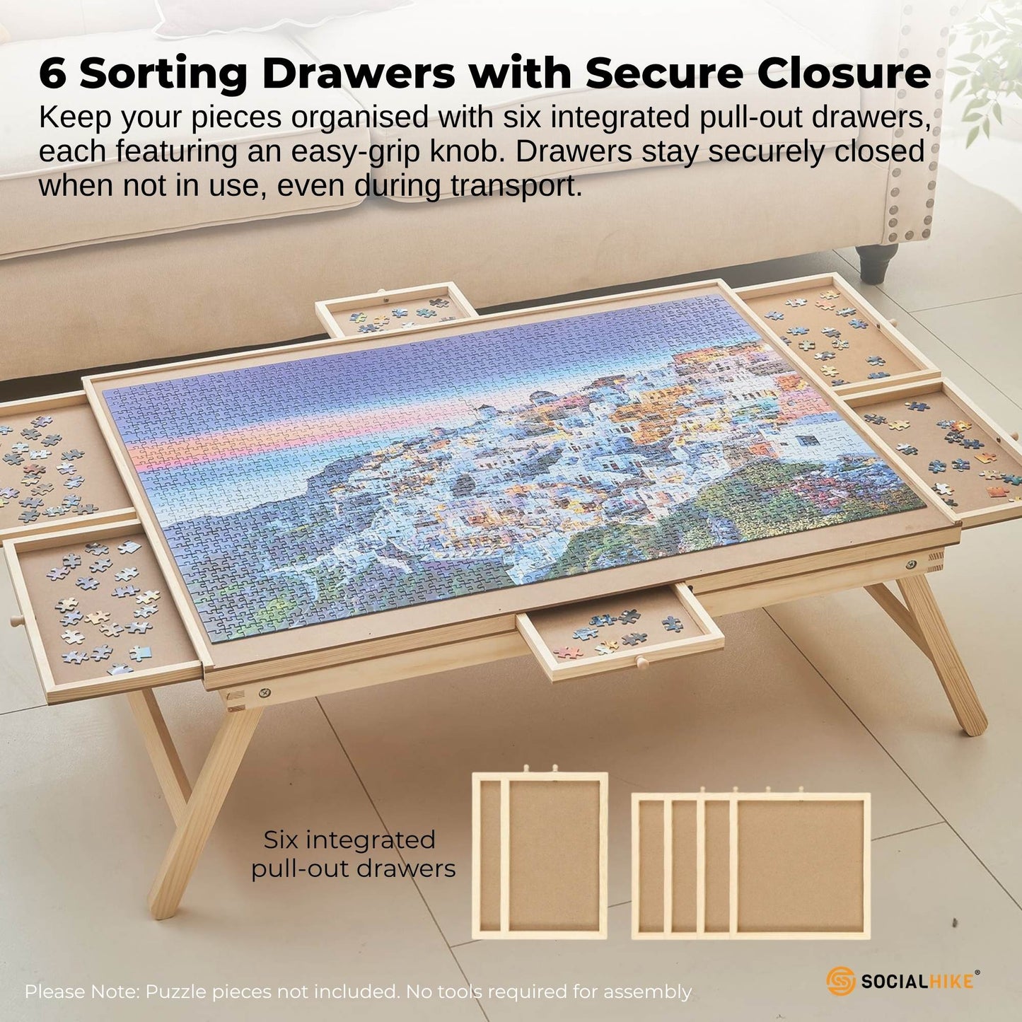 Social Hike Puzzle Board Table 1500 Piece with 6 Drawers, Cover & Folding Wooden Legs