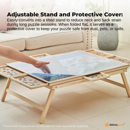 Social Hike Puzzle Board Table 1500 Piece with 6 Drawers, Cover & Folding Wooden Legs