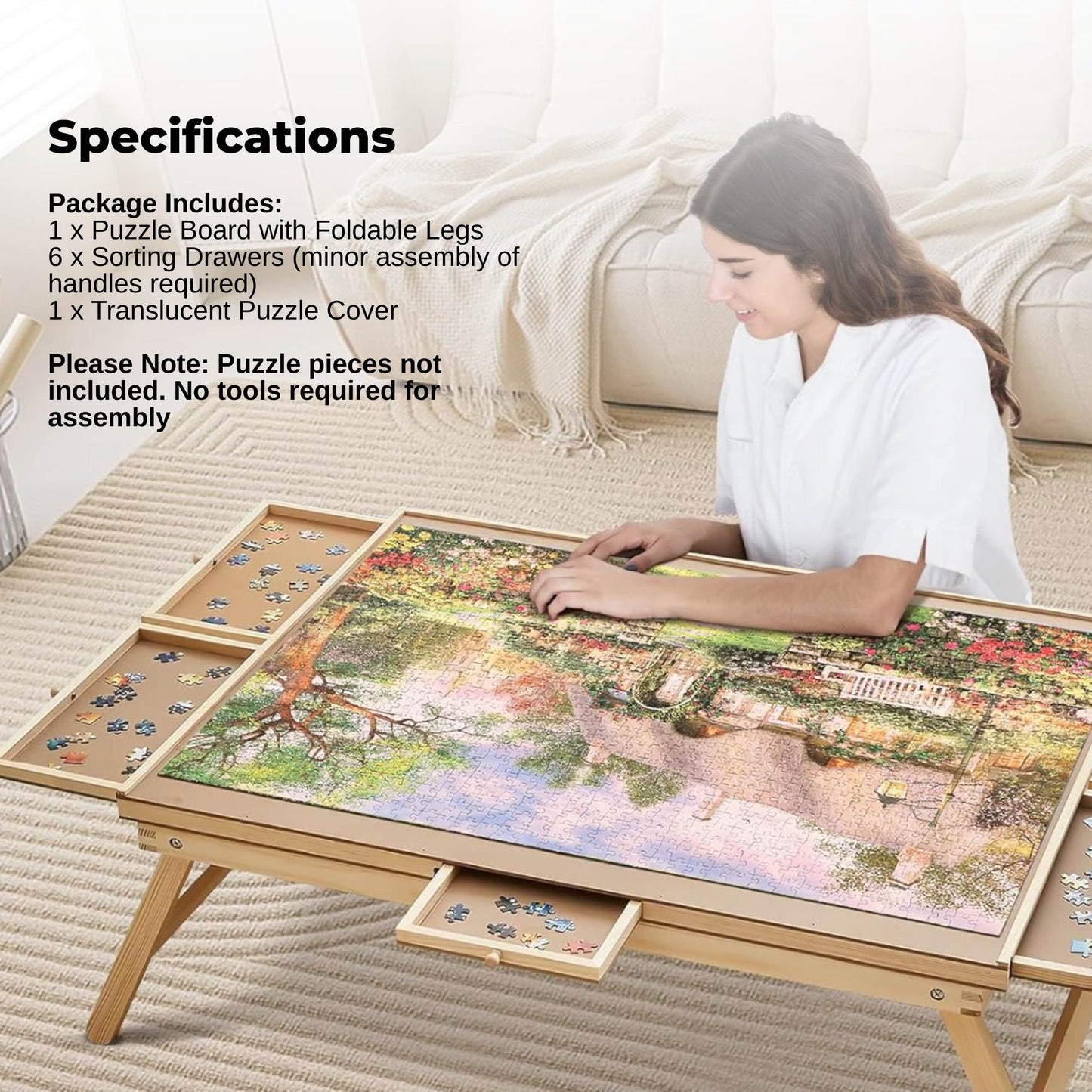 Social Hike Puzzle Board Table 1500 Piece with 6 Drawers, Cover & Folding Wooden Legs
