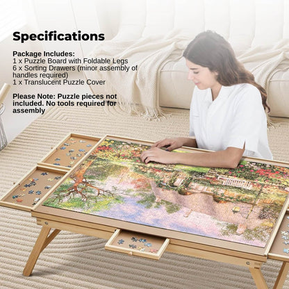 Social Hike Puzzle Board Table 1500 Piece with 6 Drawers, Cover & Folding Wooden Legs