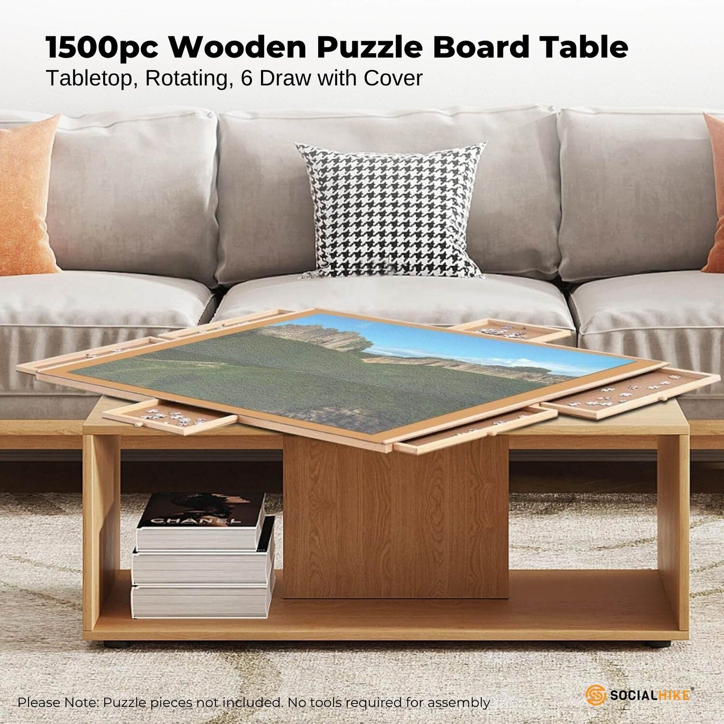 Social Hike Puzzle Board for 1500 Pieces with 6 Drawers & 360° Rotating Top - Natural Wood