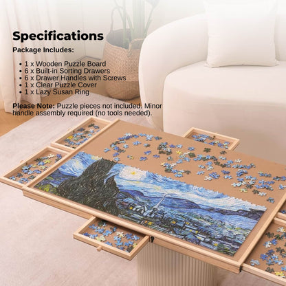Social Hike Puzzle Board for 1500 Pieces with 6 Drawers & 360° Rotating Top - Natural Wood
