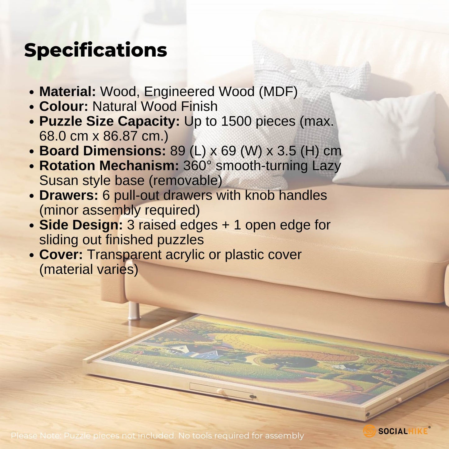 Social Hike Puzzle Board for 1500 Pieces with 6 Drawers & 360° Rotating Top - Natural Wood