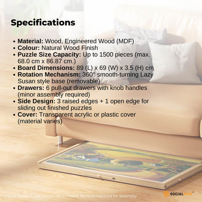 Social Hike Puzzle Board for 1500 Pieces with 6 Drawers & 360° Rotating Top - Natural Wood