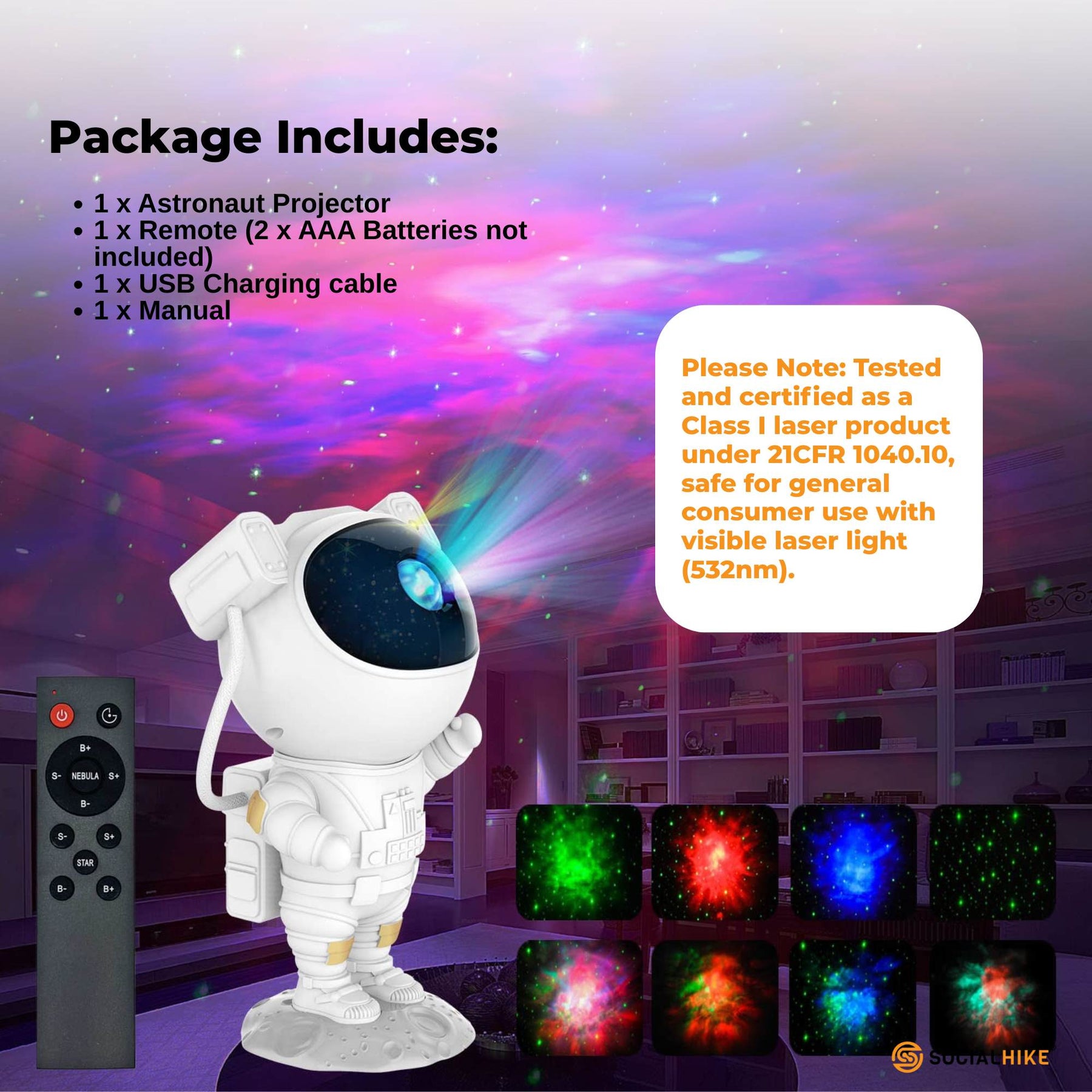Social Hike Galaxy Star Projector - Colour LED Astronaut Night Light and Remote - SuperSaverAU - view 4