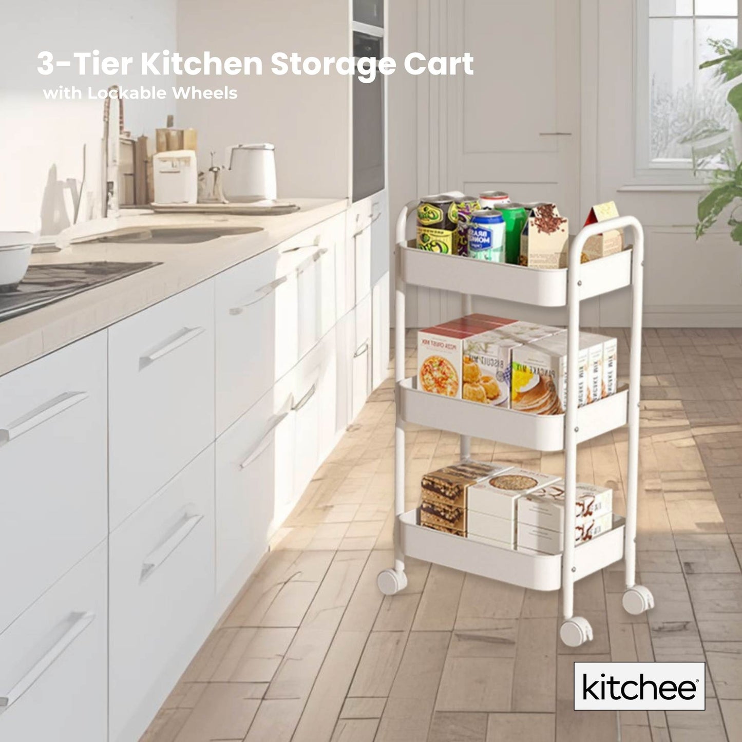 Kitchee 3-Tier Kitchen Storage Cart - Rolling Trolley with Wheels, White