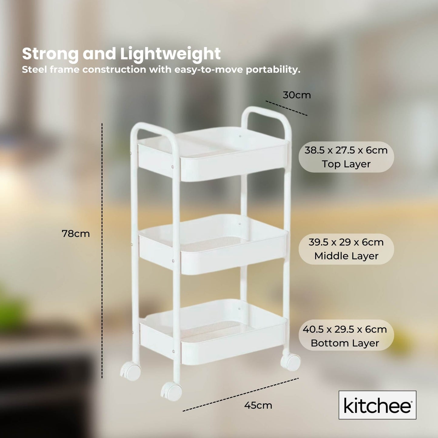 Kitchee 3-Tier Kitchen Storage Cart - Rolling Trolley with Wheels, White