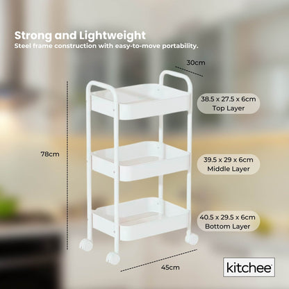 Kitchee 3-Tier Kitchen Storage Cart - Rolling Trolley with Wheels, White