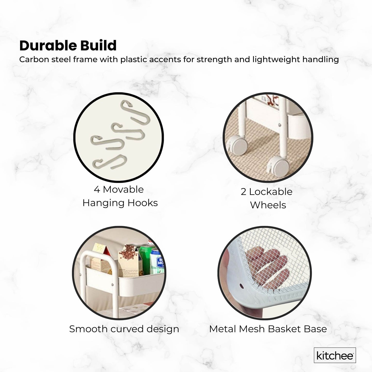 Kitchee 3-Tier Kitchen Storage Cart - Rolling Trolley with Wheels, White