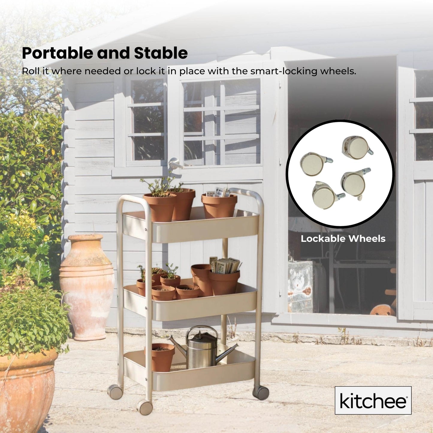 Kitchee 3-Tier Kitchen Storage Cart - Rolling Trolley with Wheels, White