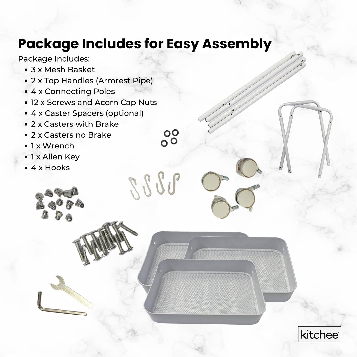 Kitchee 3-Tier Kitchen Storage Cart - Rolling Trolley with Wheels, White