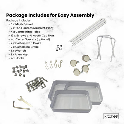 Kitchee 3-Tier Kitchen Storage Cart - Rolling Trolley with Wheels, White