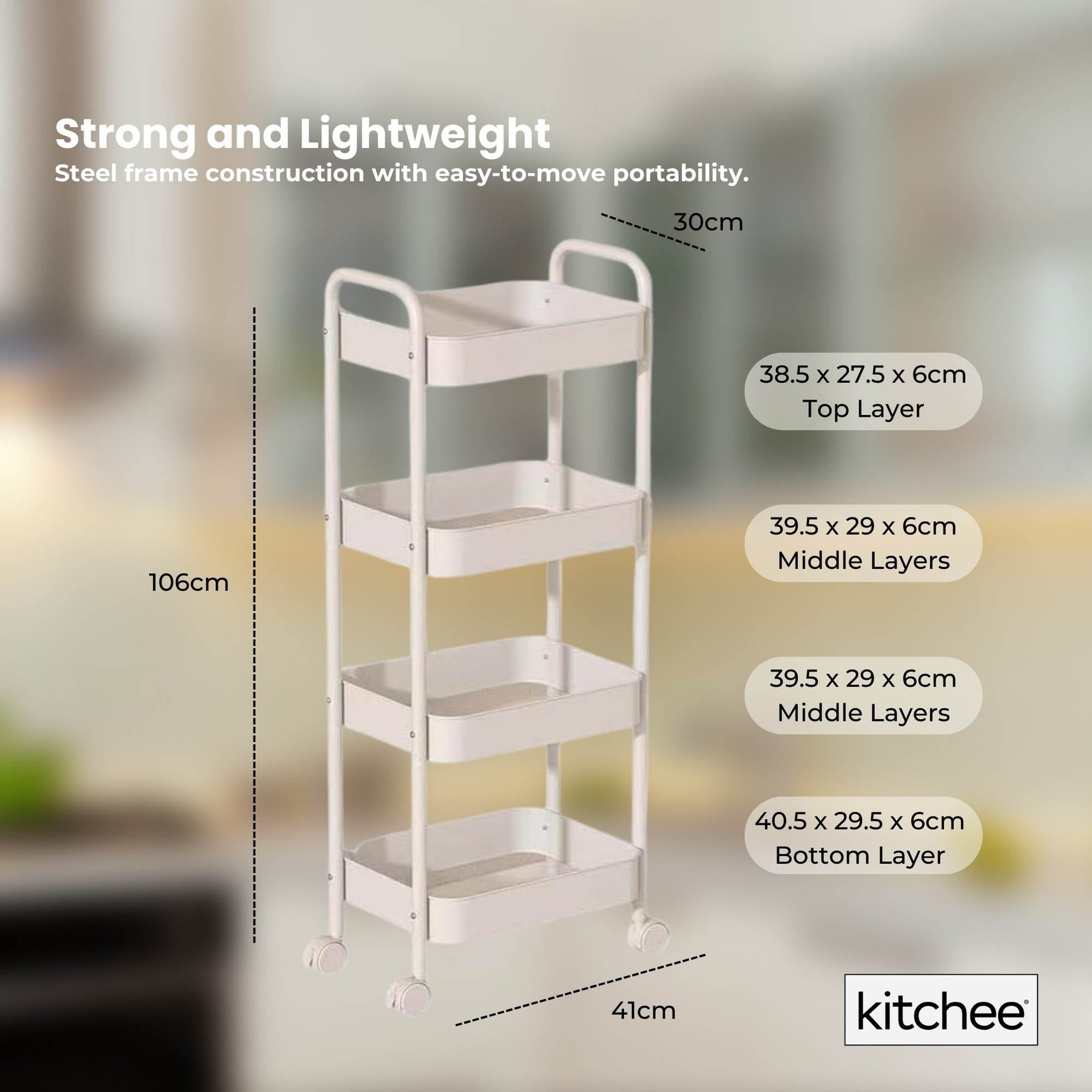 Kitchee 4-Tier Kitchen Storage Cart with Wheels - White Metal Trolley - SuperSaverAU - view 3
