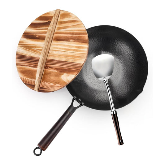 Kitchee 32cm Carbon Steel Wok Set - Induction Ready with Wooden Lid