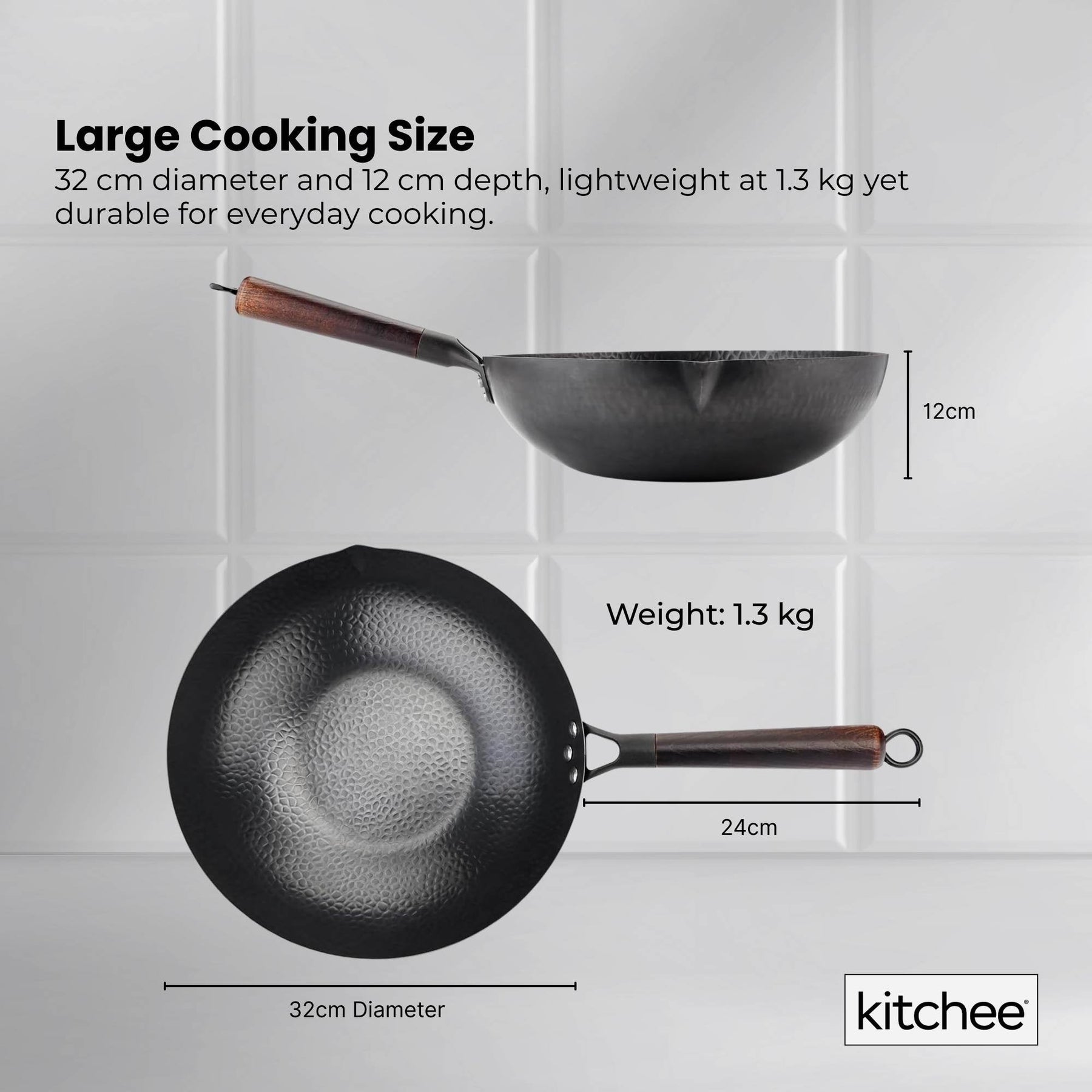 Kitchee Carbon Steel Wok Set – 32cm with Wood Lid & Spatula
