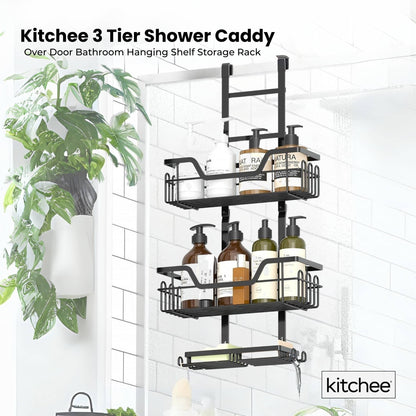 Kitchee 3-Tier Shower Caddy - Over Door Storage Rack, Black