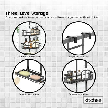 Kitchee 3-Tier Shower Caddy - Over Door Storage Rack, Black