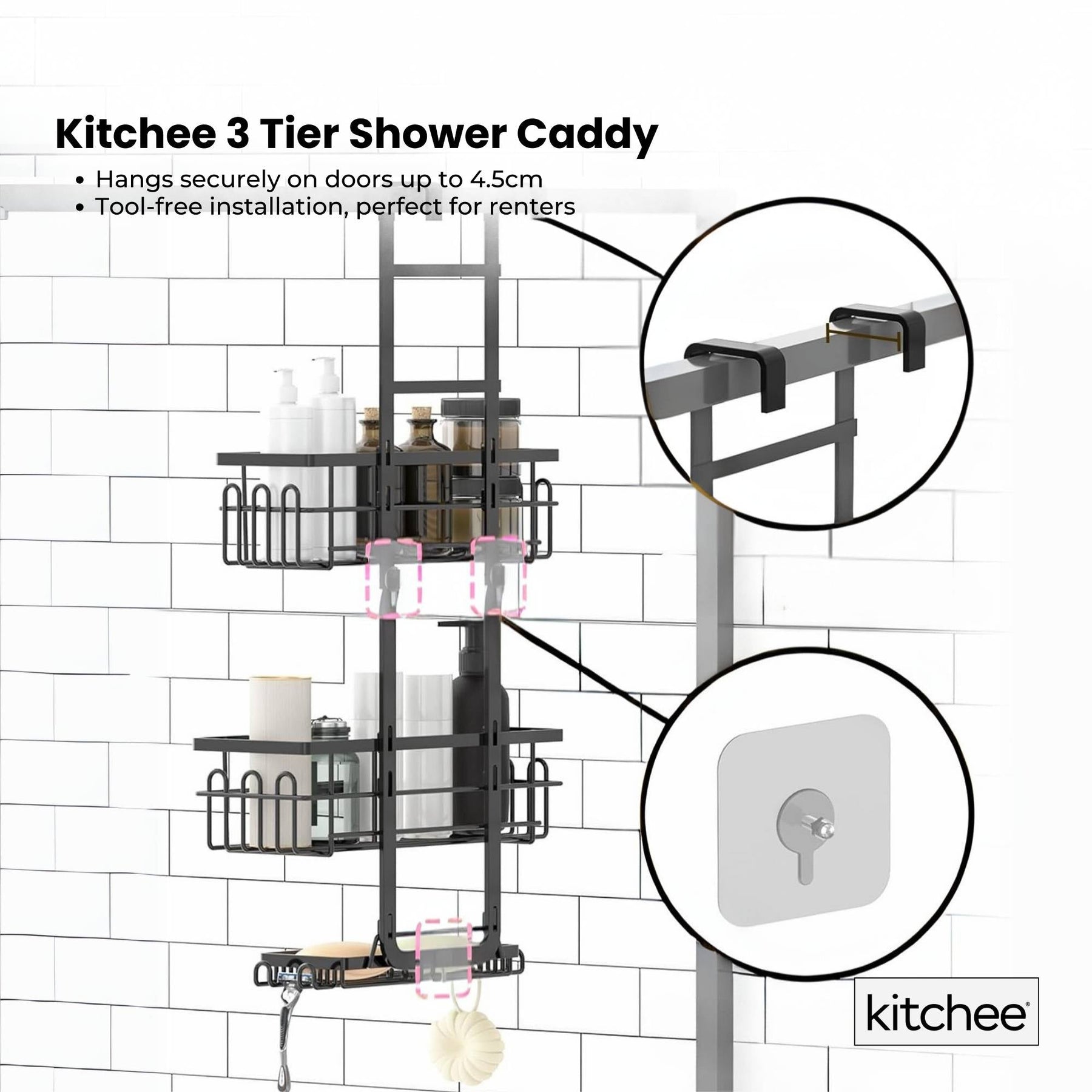 Kitchee 3-Tier Shower Caddy - Over Door Storage Rack, Black - SuperSaverAU - view 4